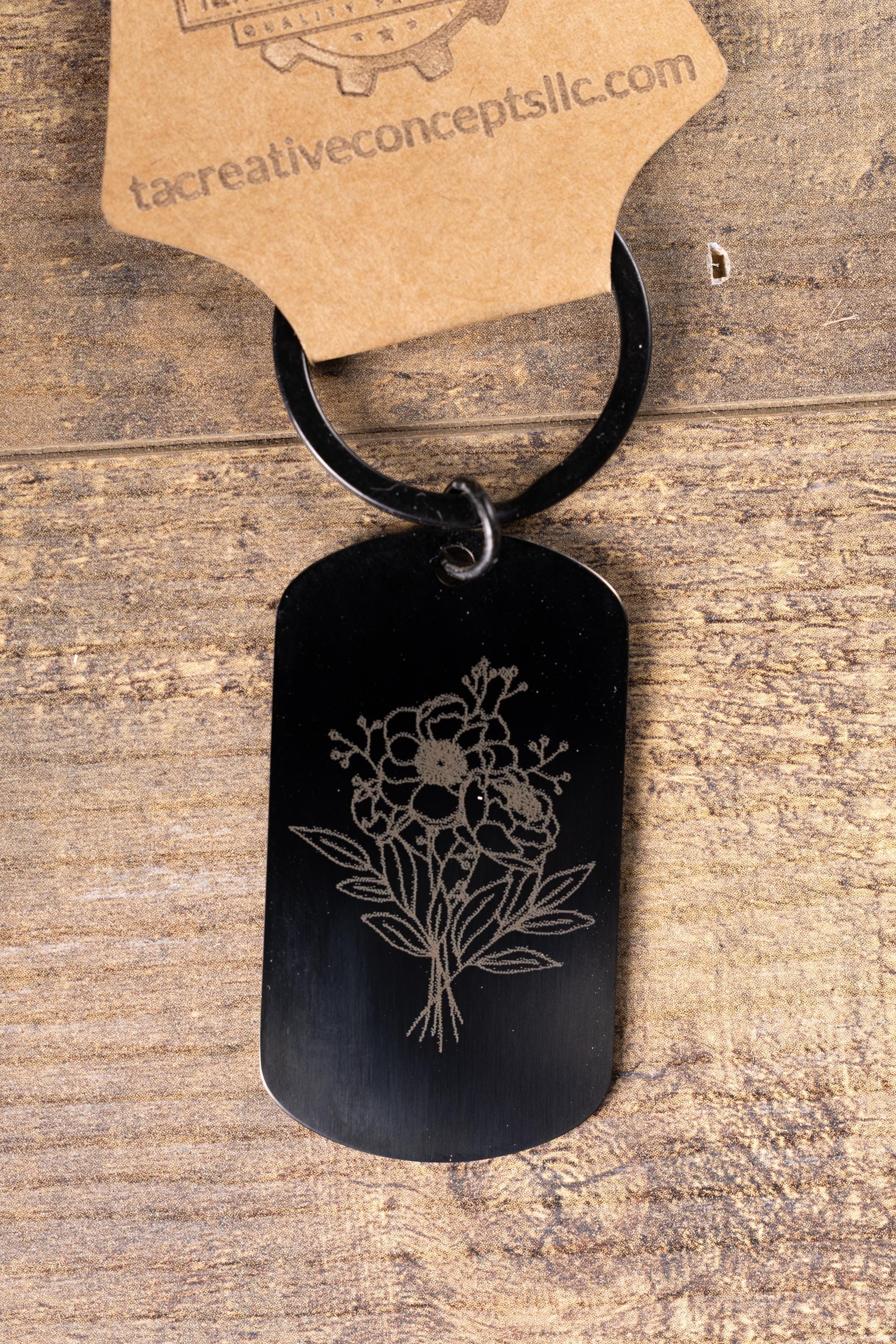 Black Floral Keychain - Laser Engraved Stainless Steel | Durable Everyday Carry
