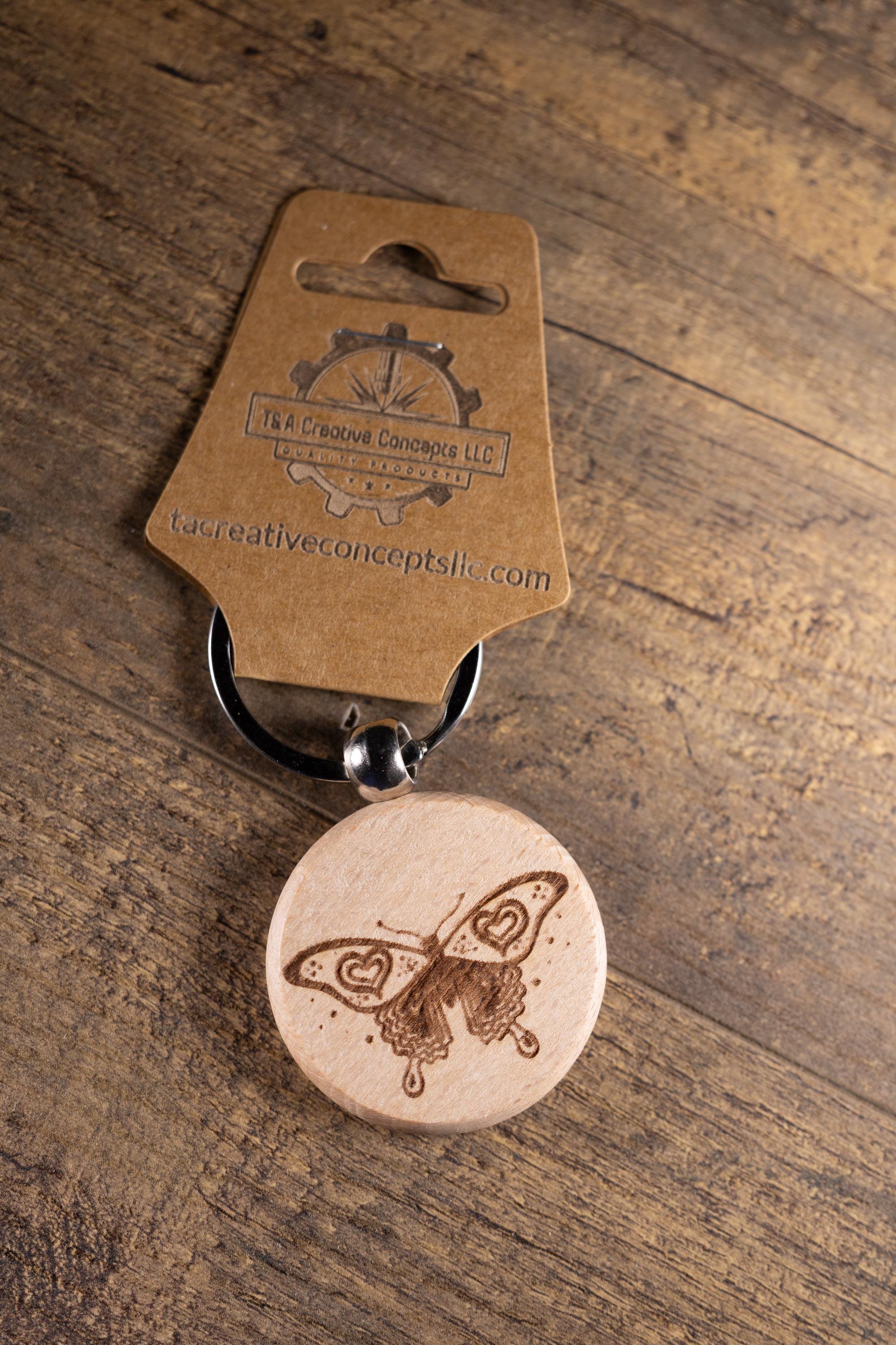 Laser Engraved Keychain - Solid Hardwood Butterfly Bag Charm with Stainless Steel Ring