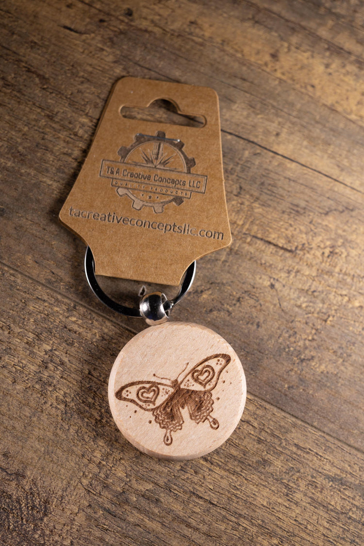 Laser Engraved Keychain - Solid Hardwood Butterfly Bag Charm with Stainless Steel Ring