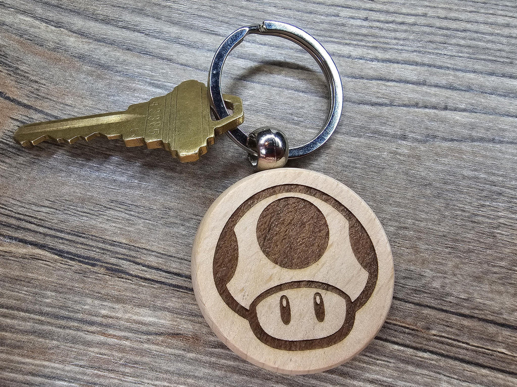 Mario Mushroom Keychain - Laser Engraved Hardwood Double Sided Power Up Keyring
