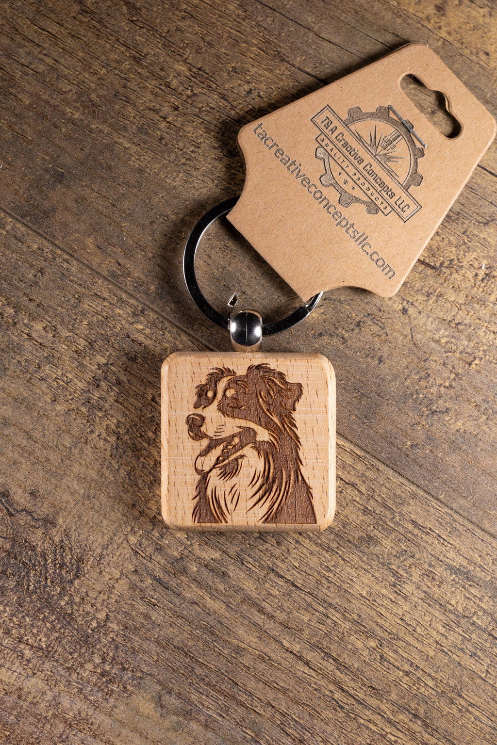 Wooden Dog Keychain - Australian Shepherd Gift | Solid Hardwood Charm, Durable Stainless Steel