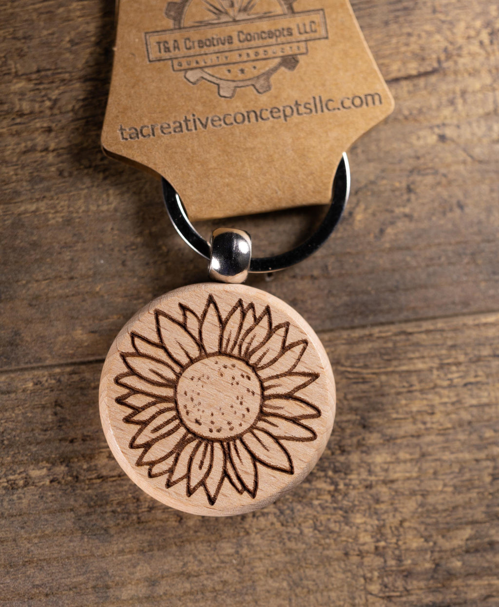 Sunflower Keychain – Laser Engraved Wood Hardwood Accessory with Stainless Steel Hardware