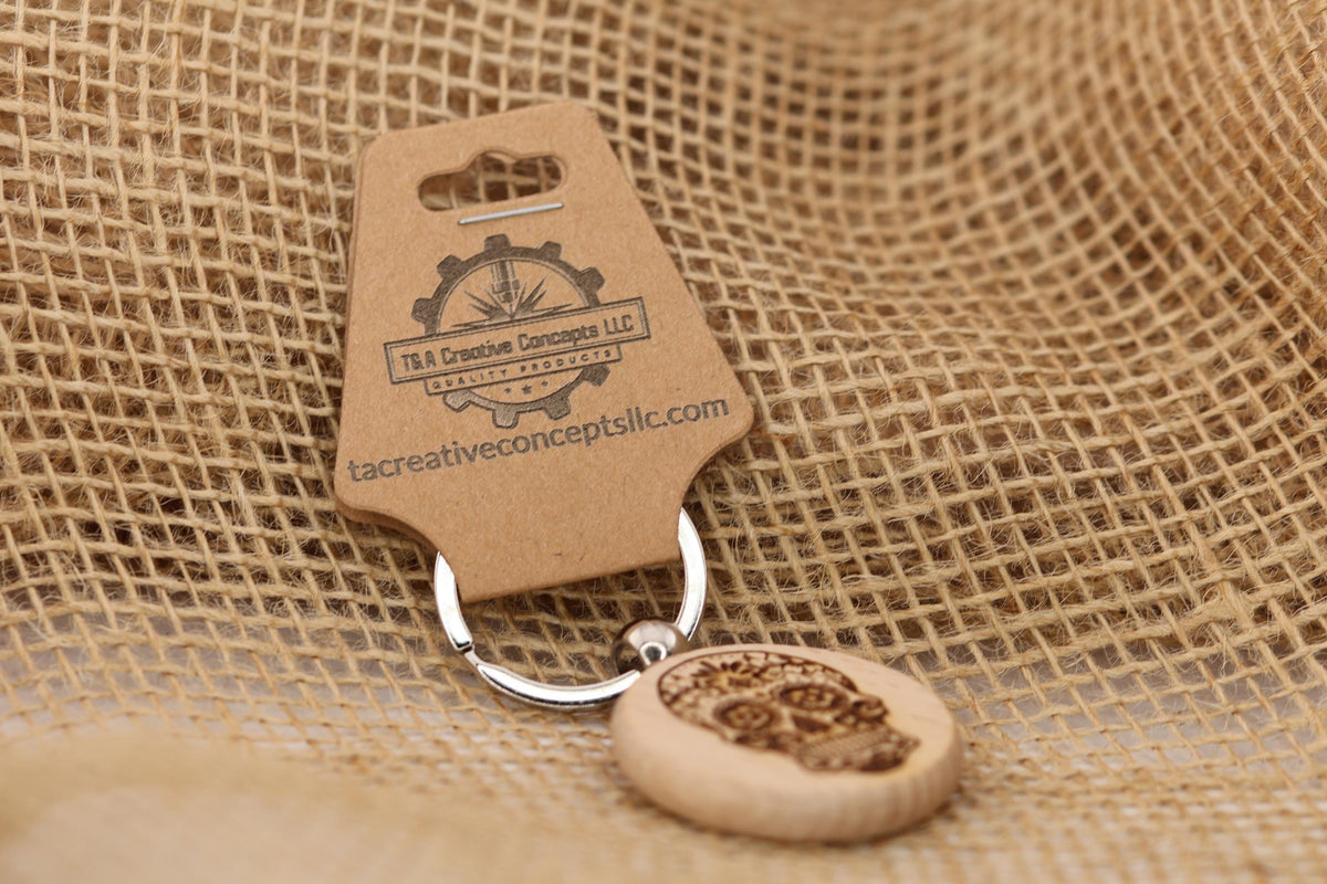Sugar Skull Keychain – Laser Engraved Wood With Stainless Steel Ring, Colorful Design