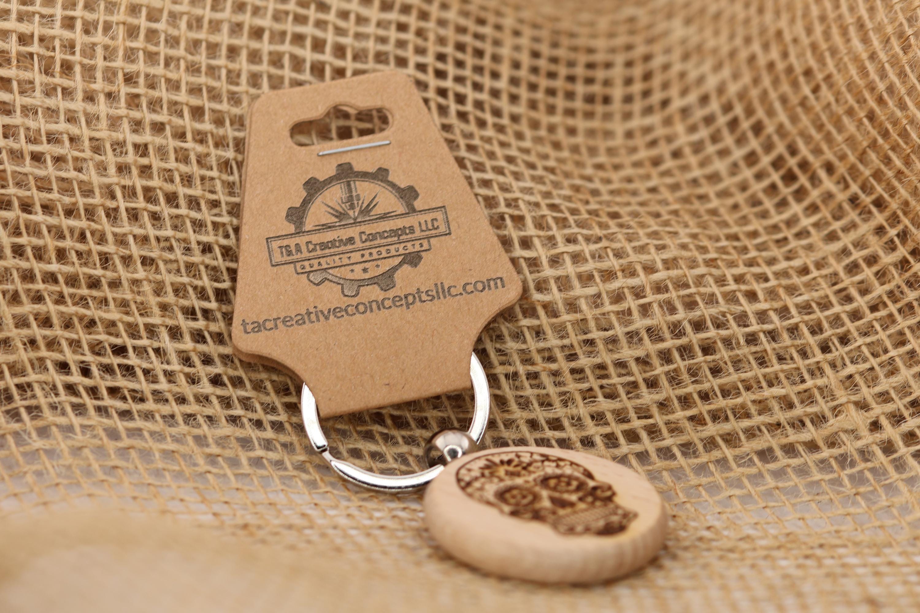 Sugar Skull Keychain – Laser Engraved Wood With Stainless Steel Ring, Colorful Design