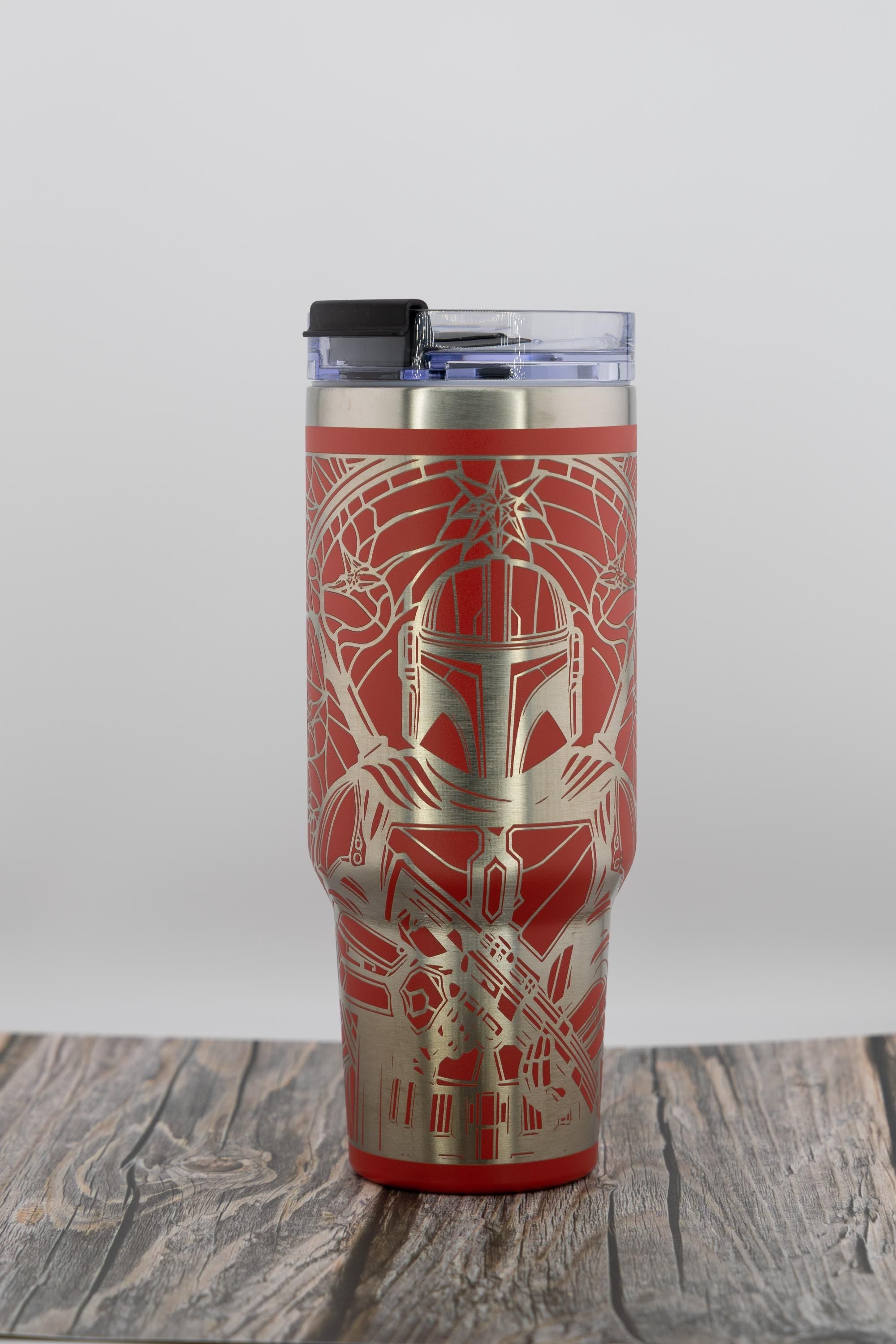 Mandalorian Mosaic Tumbler – 40oz Steel Cup With Laser Engraved Mandalorian Helmet Design