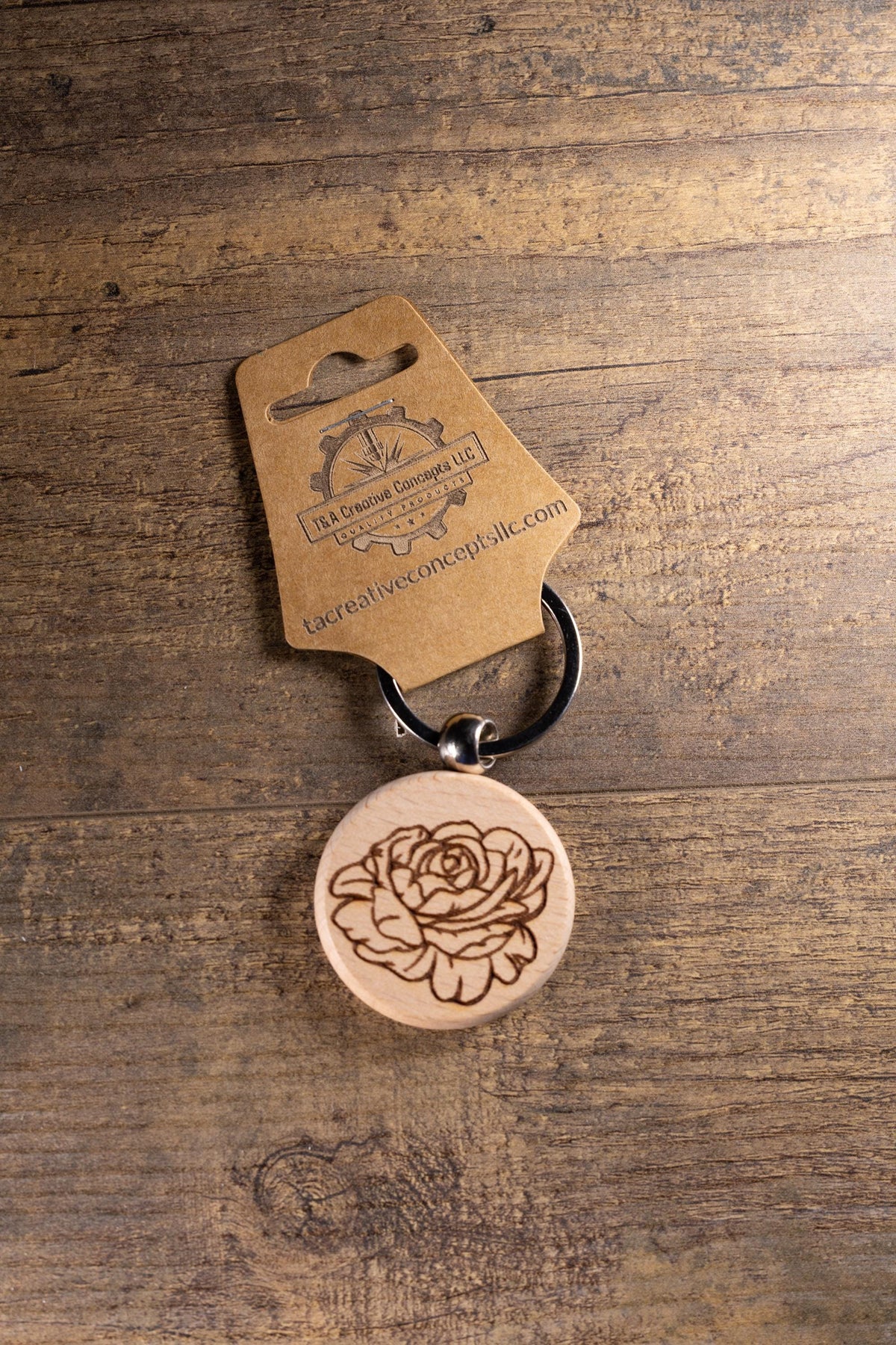 Peony Wood Keychain – Laser Engraved Floral Design | Hardwood & Stainless Steel Ring