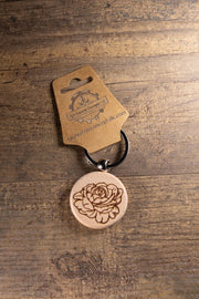 Peony Wood Keychain – Laser Engraved Floral Design | Hardwood & Stainless Steel Ring