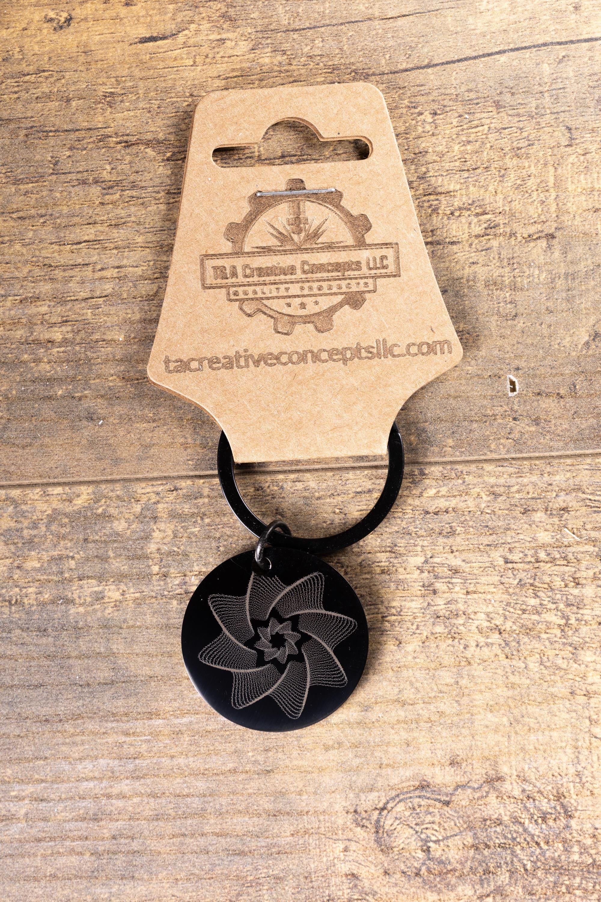 Matte Black Star Keychain - Double-Sided Laser Engraved Spiral Design, Durable Steel
