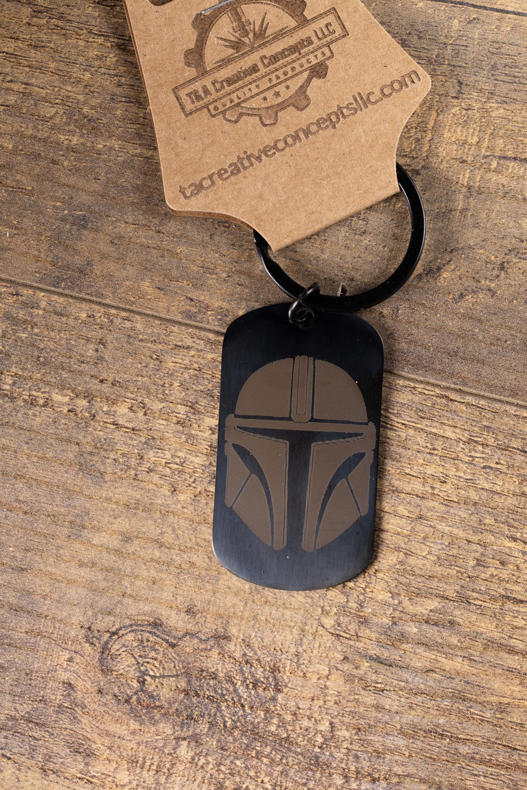 Mandalorian Keychain - Black Stainless Steel, Laser Engraved Double-Sided Design