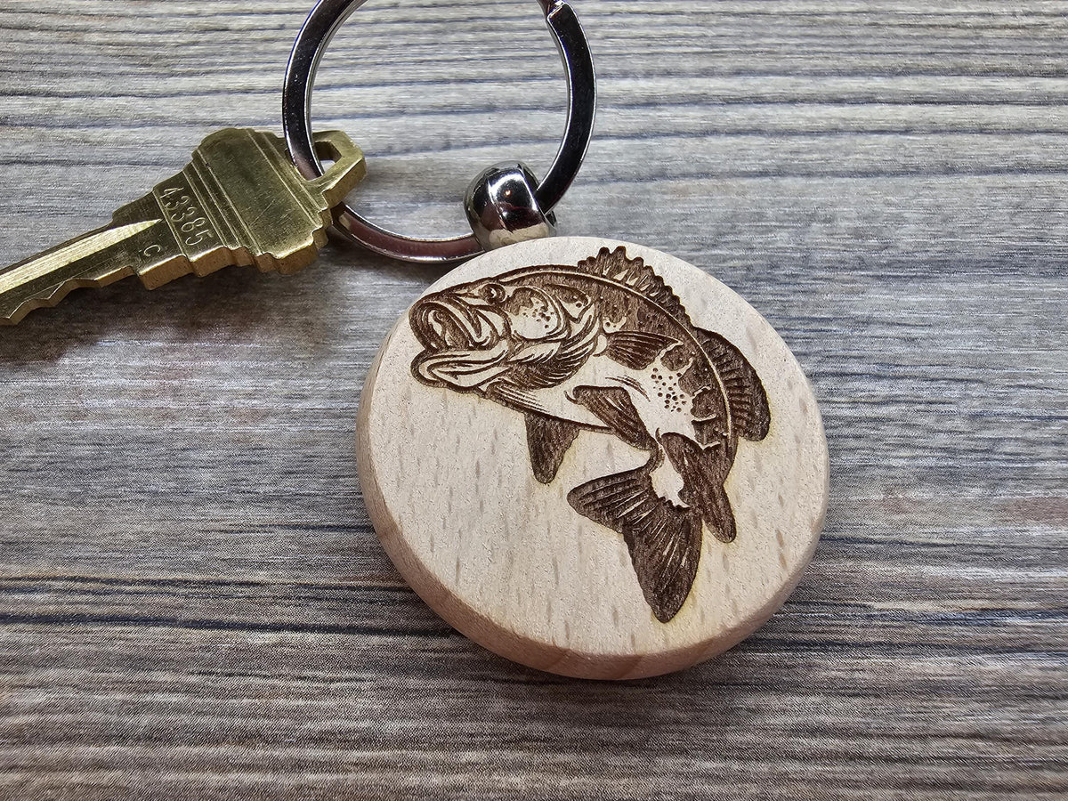 Largemouth Bass Keychain – Engraved Wooden Fishing Accessory With Stainless Steel Ring