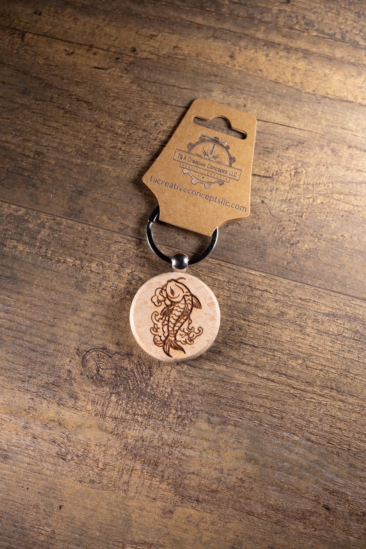 Koi Fish Keychain – Laser Engraved Hardwood With Stainless Steel Ring, Natural Finish