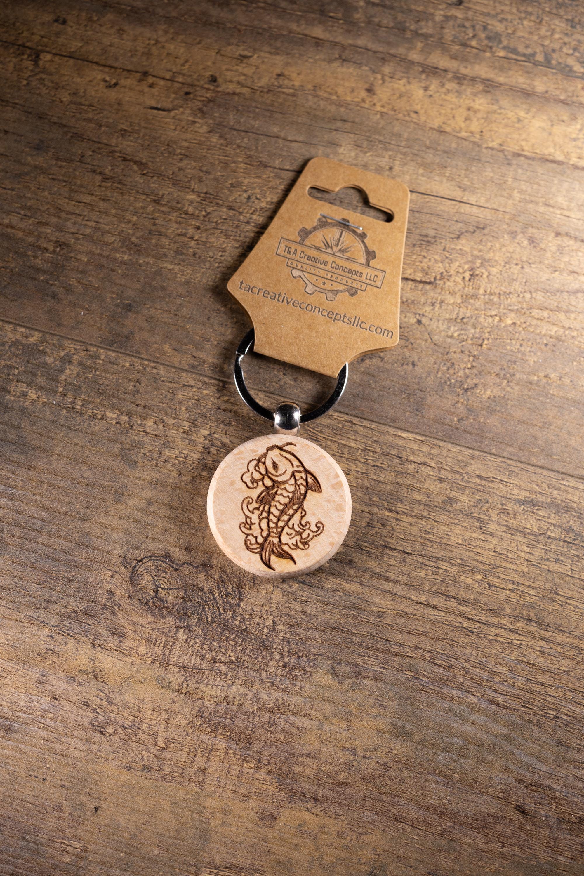 Koi Fish Keychain – Laser Engraved Hardwood With Stainless Steel Ring, Natural Finish