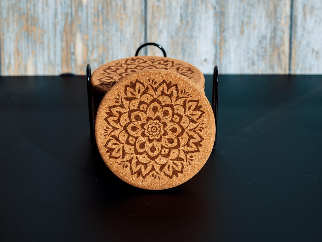 Mandala Cork Coasters Set - Laser Engraved Coaster Set With Holder | Boho Decor