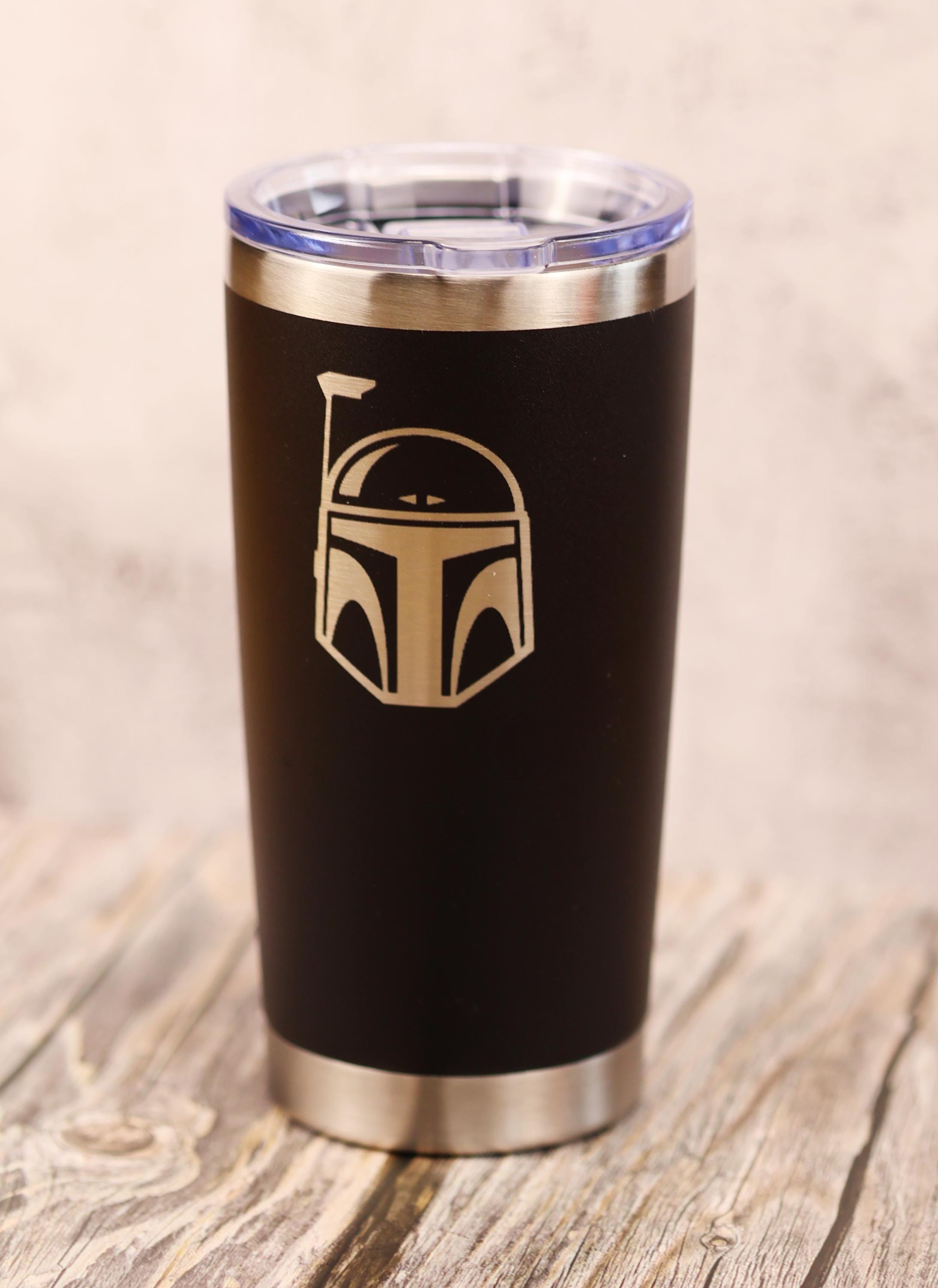 Boba Fett Tumbler | Laser Engraved Stainless Steel Travel Cup 20oz - Mandalorian Helmet