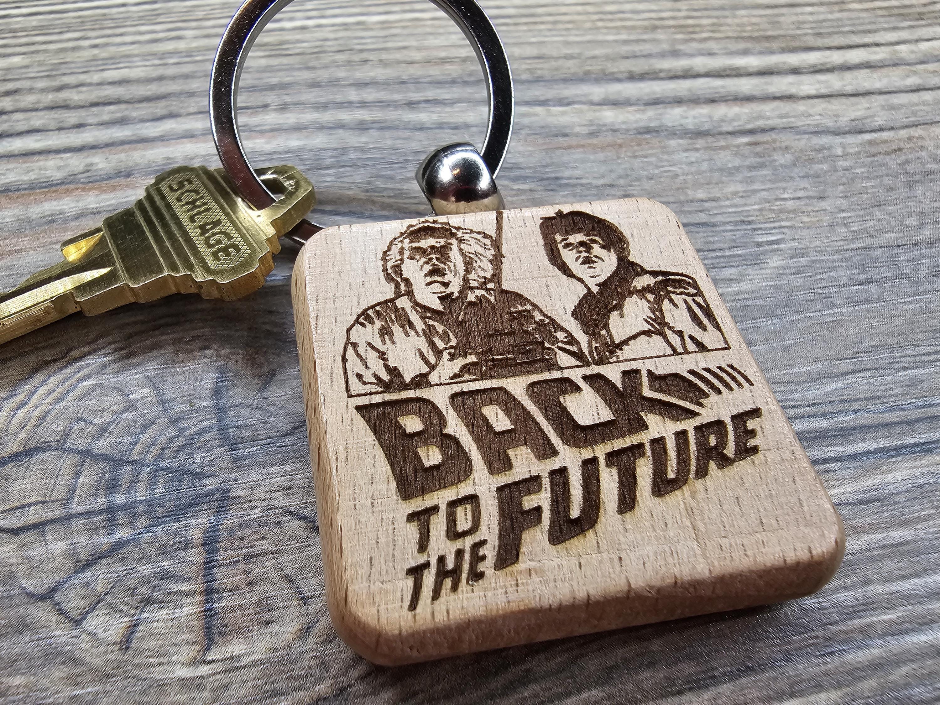 Back to the Future Keychain – Double Sided Hardwood Laser Engraved Charm with Stainless Steel Ring