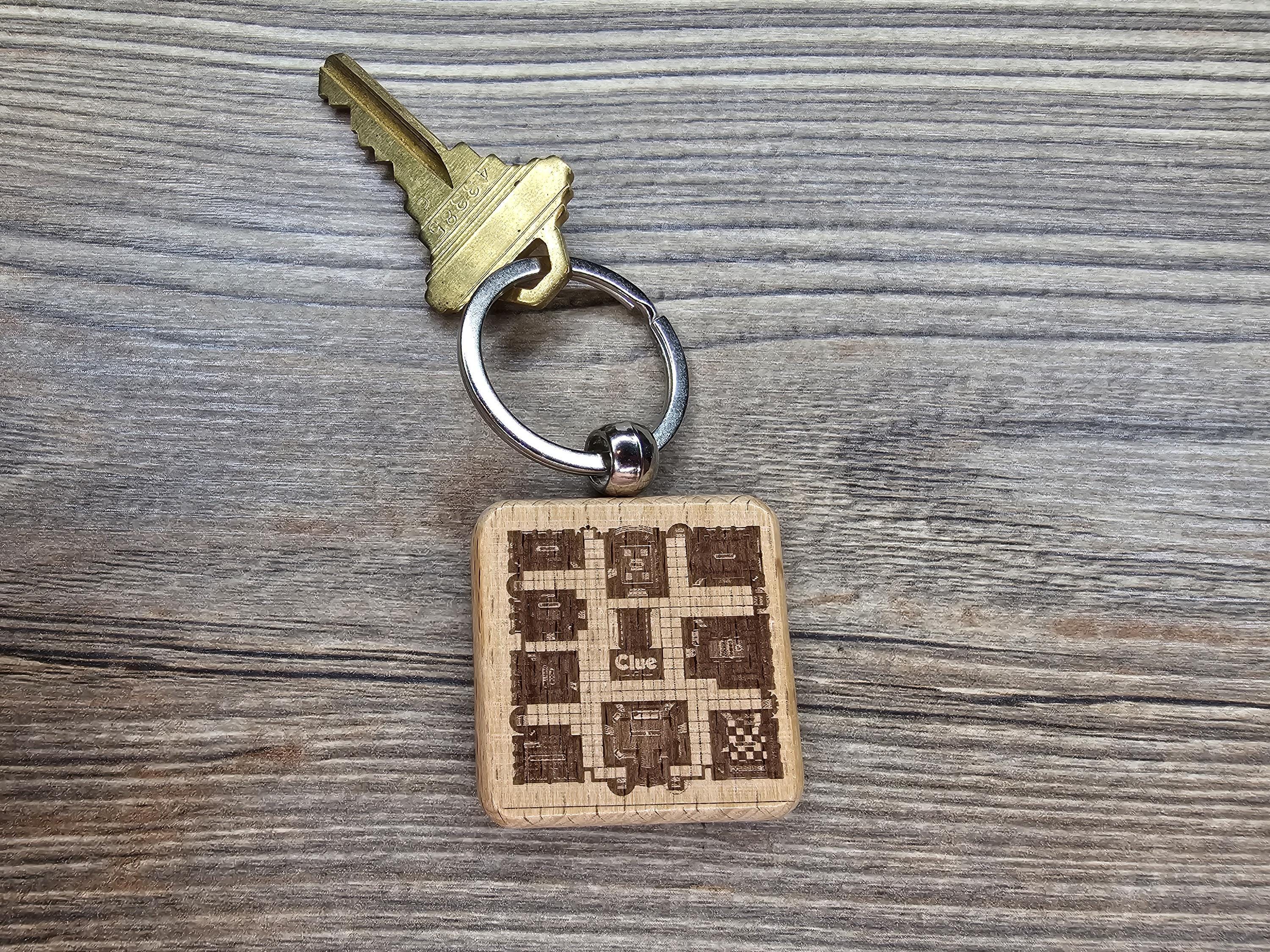 Clue Gameboard Keychain – Hardwood Laser Engraved Double Sided Engraving, Stainless Steel Ring