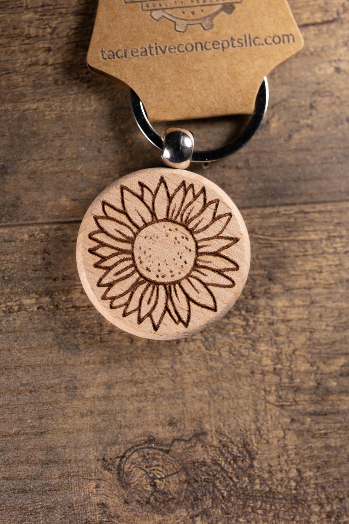 Sunflower Keychain – Laser Engraved Wood Hardwood Accessory with Stainless Steel Hardware