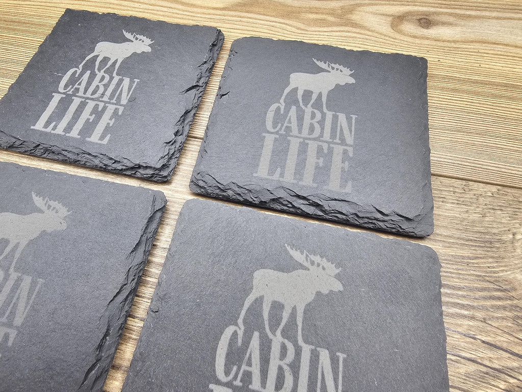 Rustic Slate Coasters – Cabin Life Coasters Set of 4 with Furniture Protection Pads