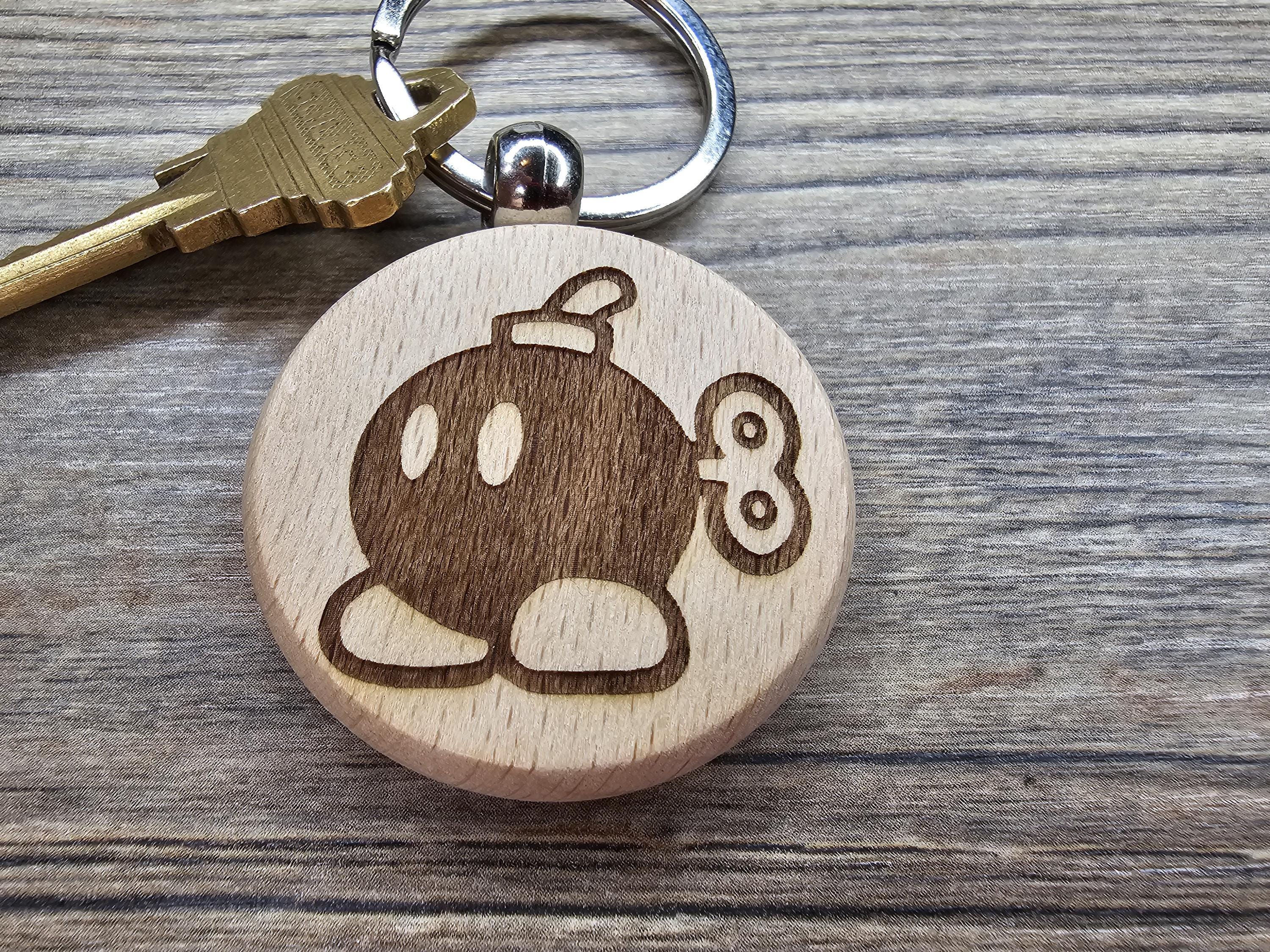 Mario Bob-Omb Keychain – Double-Sided Laser Engraved Hardwood Gift with Stainless Steel Ring