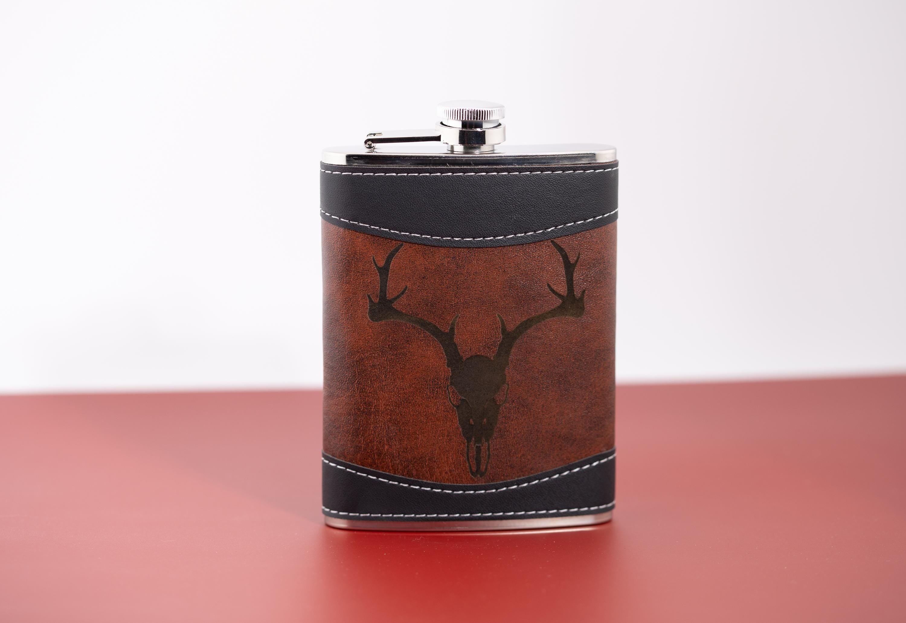 Leather Flask – 8oz Stainless Steel Travel Flask with Gothic Deer Skull Design