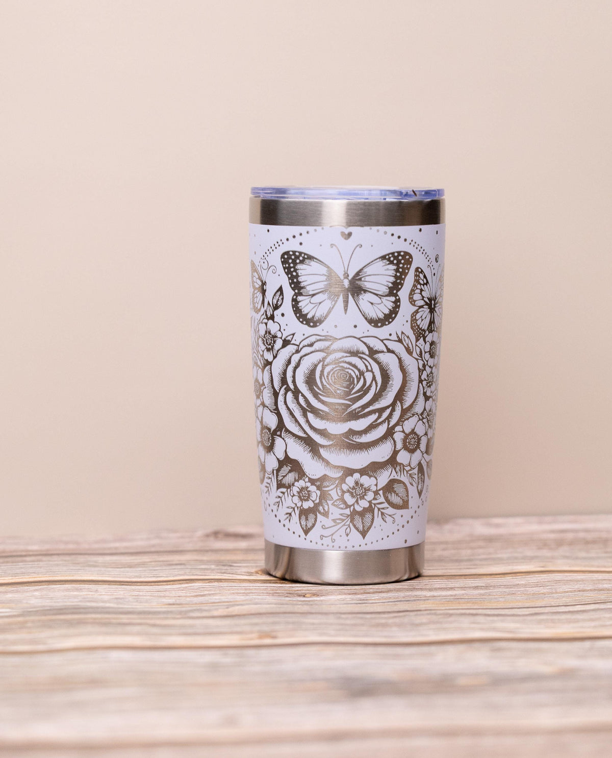 Stainless Steel Tumbler - 20oz Insulated Drinkware With Elegant Rose & Butterfly Wrap