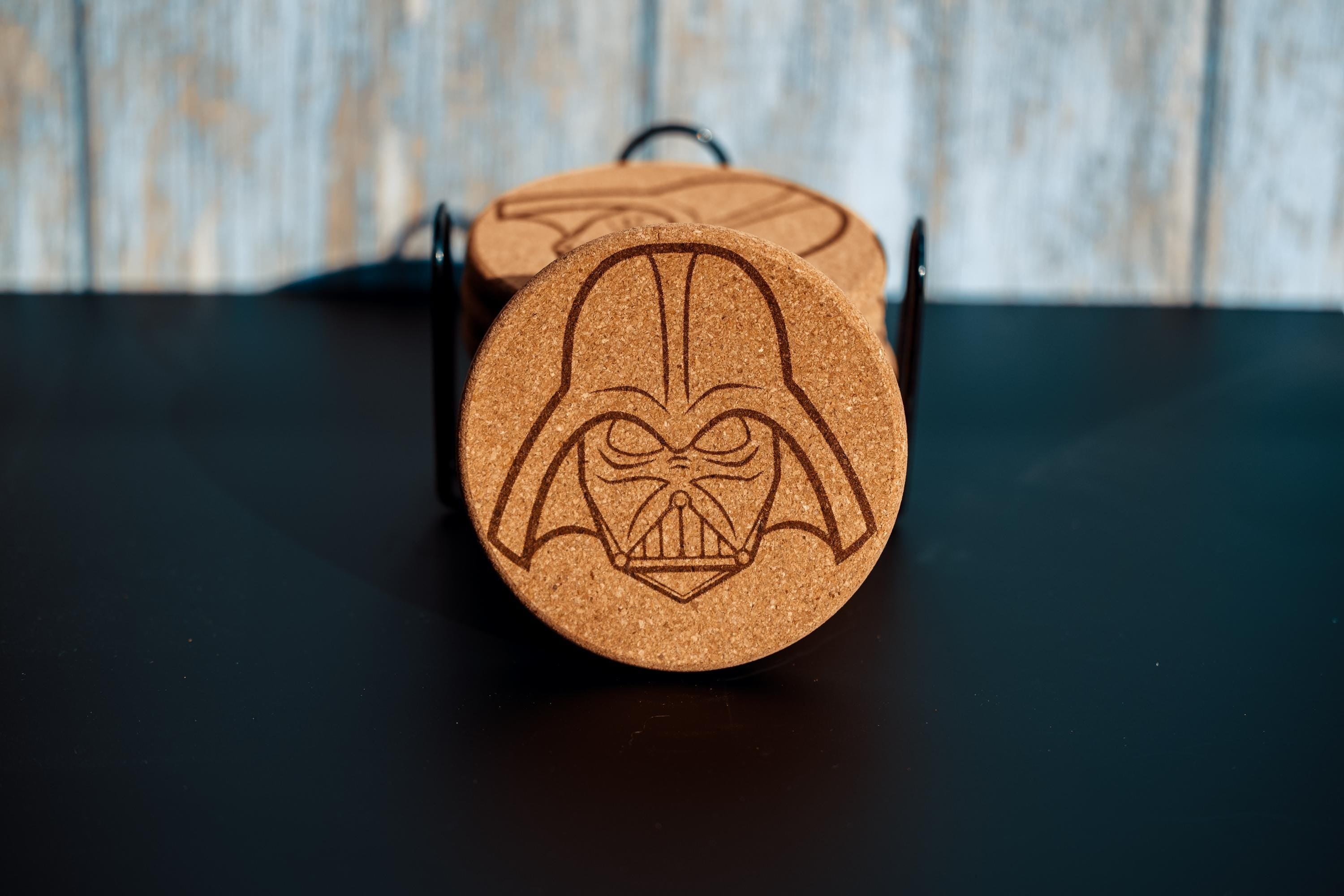 Darth Vader Coasters – Star Wars Drink Mats | Laser Engraved Cork Set with Holder