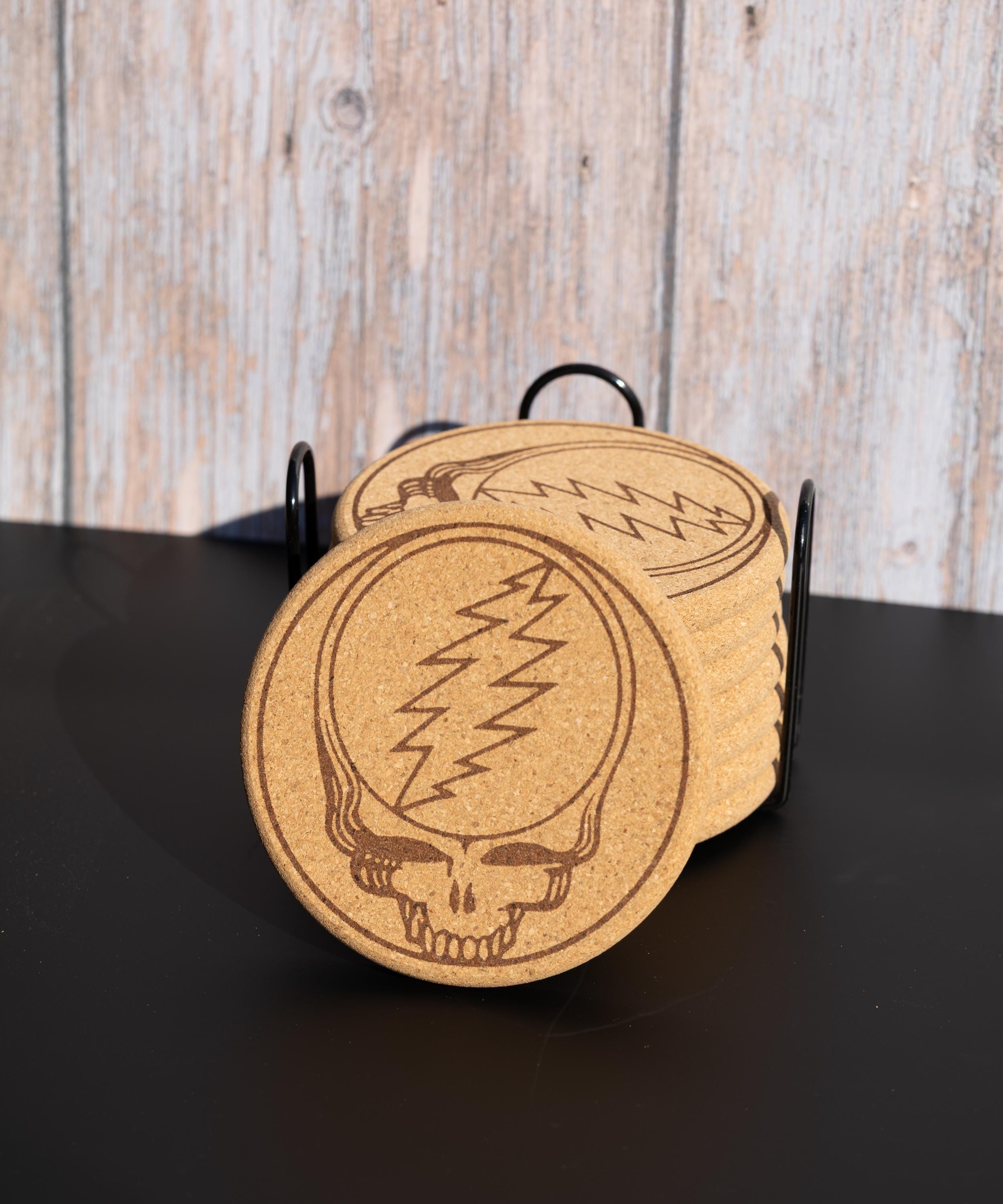 Grateful Dead Coasters – Natural Cork Set with Steal Your Face Design & Holder