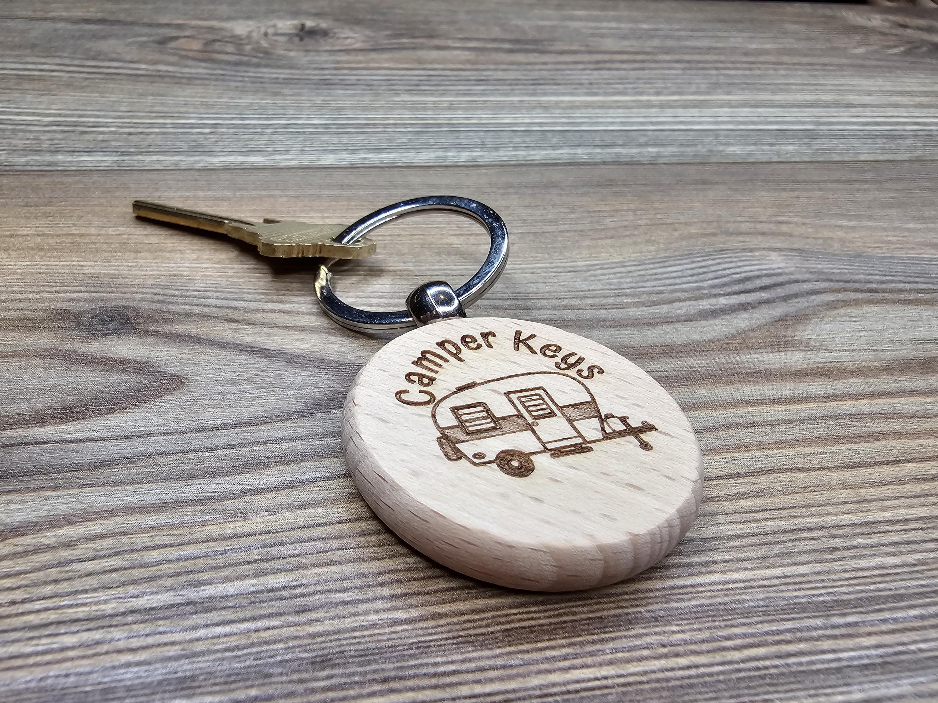 Wood Camper Keychain – Laser Engraved Double Sided Hardwood Keychain with Rust Resistant Ring