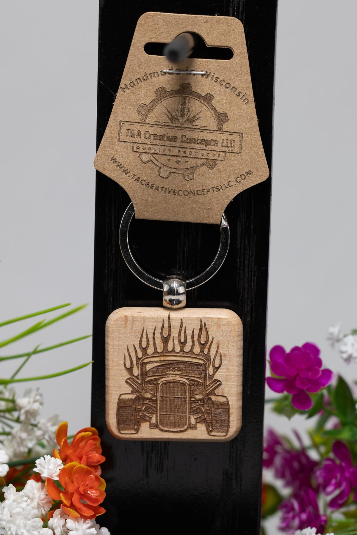 Hot Rod Keychain – Double Sided Laser Engraved Wood Key Ring | Classic Car Gift