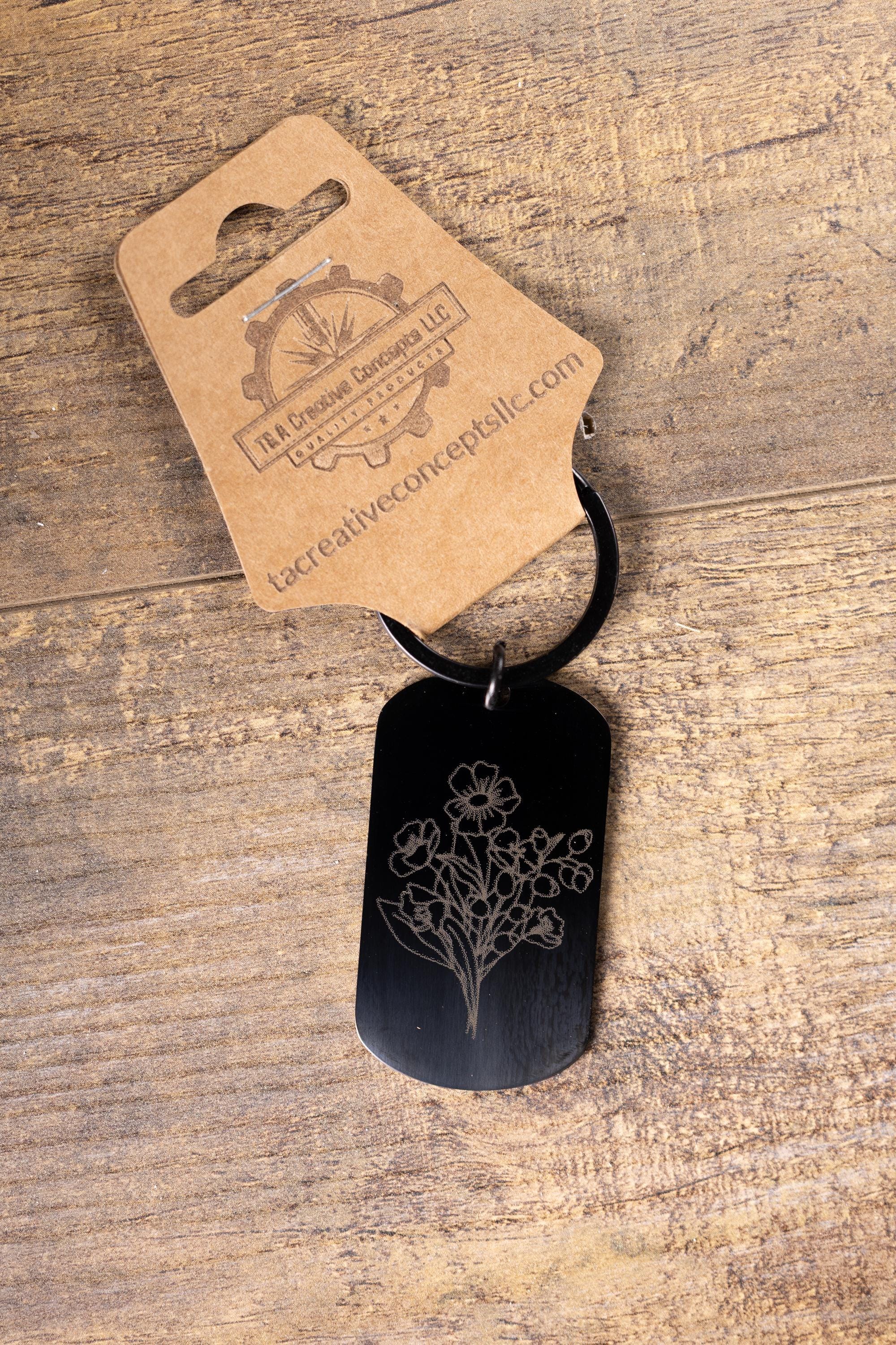 Black Stainless Steel Keychain – Floral Engraved Design | Fade Resistant, Matte Finish