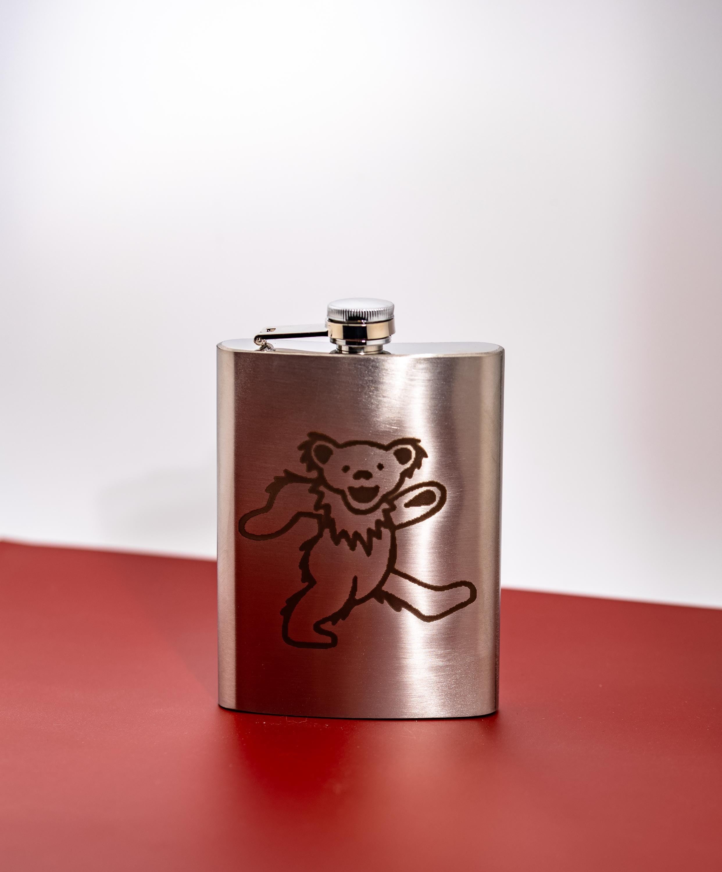 Engraved Grateful Dead Flask – 8oz Stainless Steel Dancing Bear Design, Leak-Proof