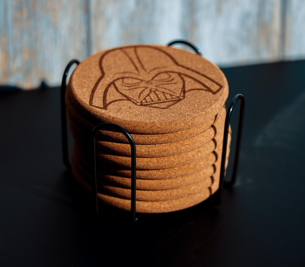 Darth Vader Coasters – Star Wars Drink Mats | Laser Engraved Cork Set with Holder