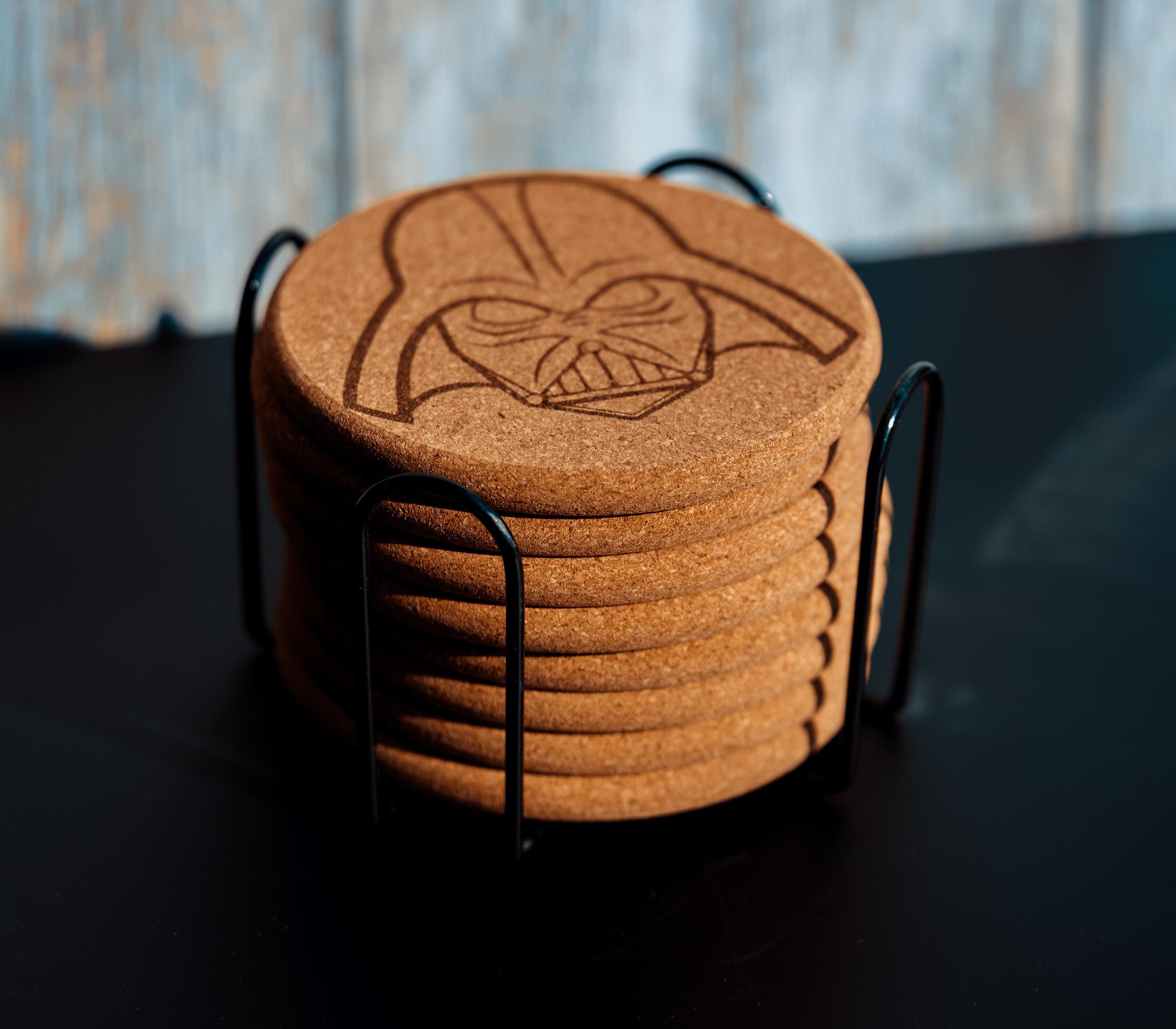 Darth Vader Coasters – Star Wars Drink Mats | Laser Engraved Cork Set with Holder