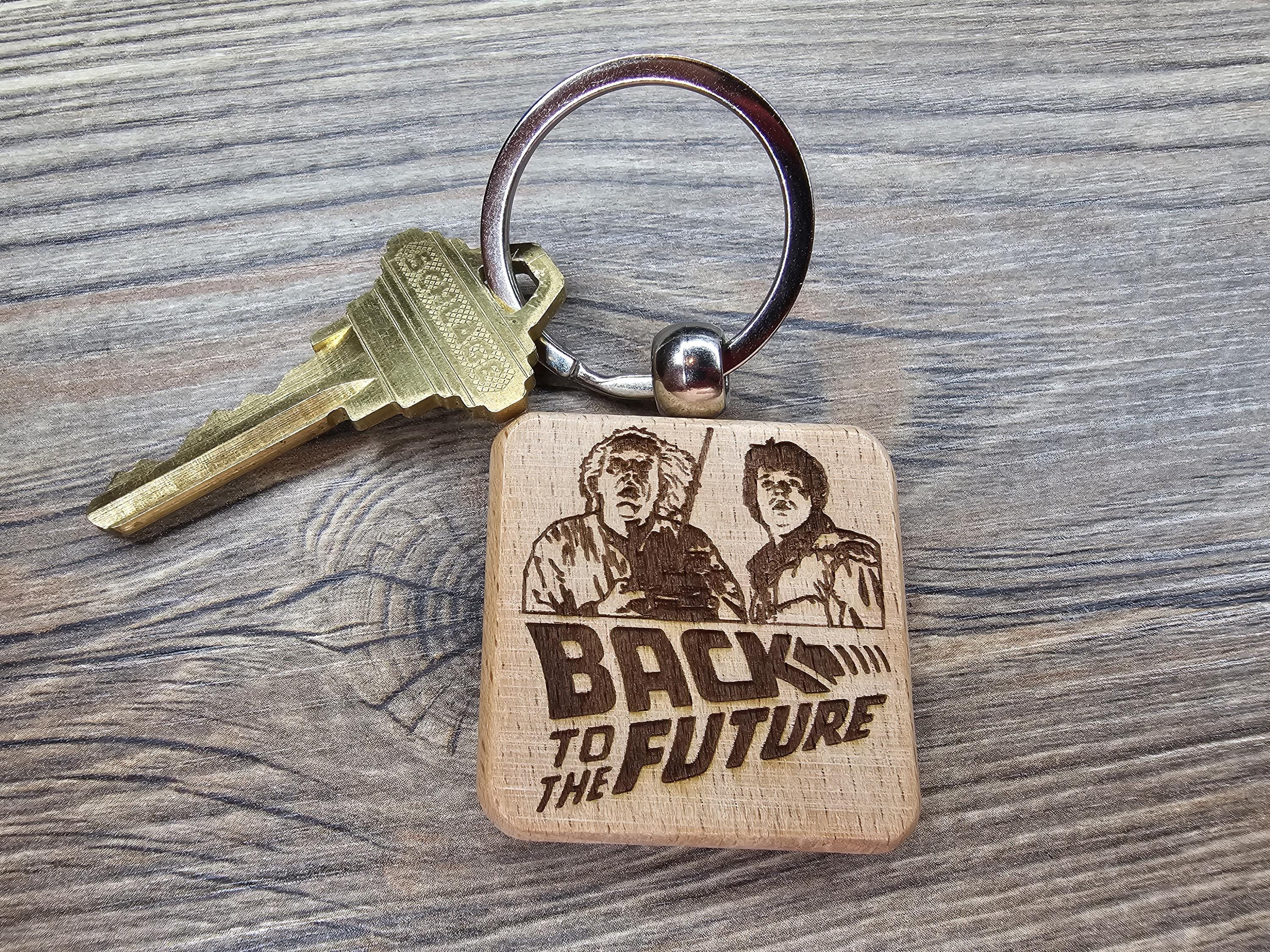 Back to the Future Keychain – Double Sided Hardwood Laser Engraved Charm with Stainless Steel Ring