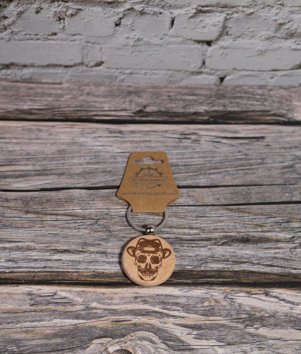 Wooden Skull Keychain – Laser Engraved Hardwood Bag Charm with Fedora & Mustache