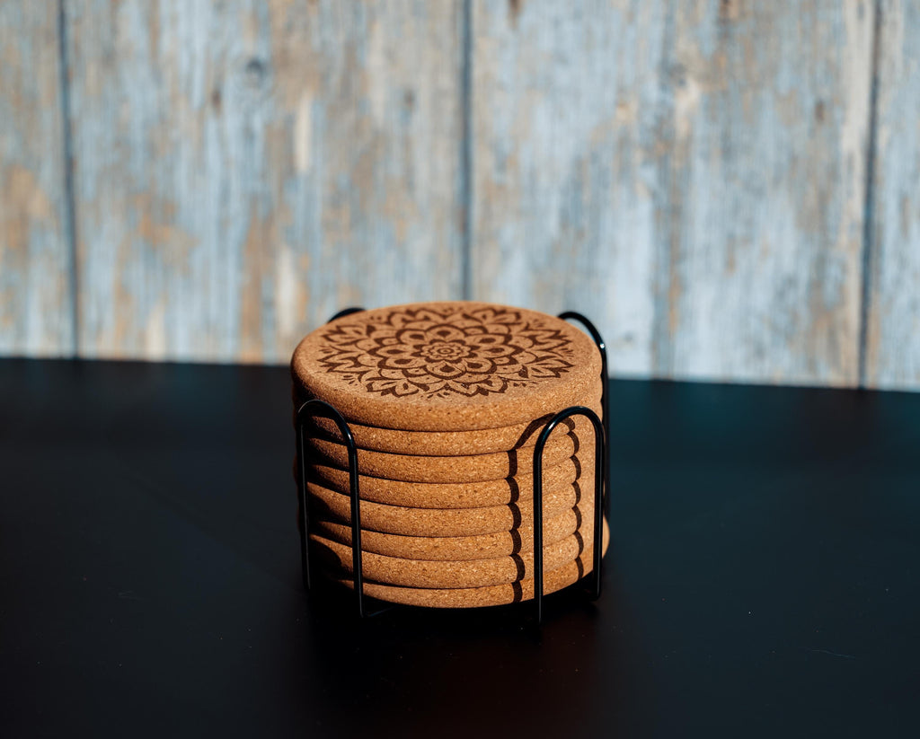 Mandala Cork Coasters Set - Laser Engraved Coaster Set With Holder | Boho Decor