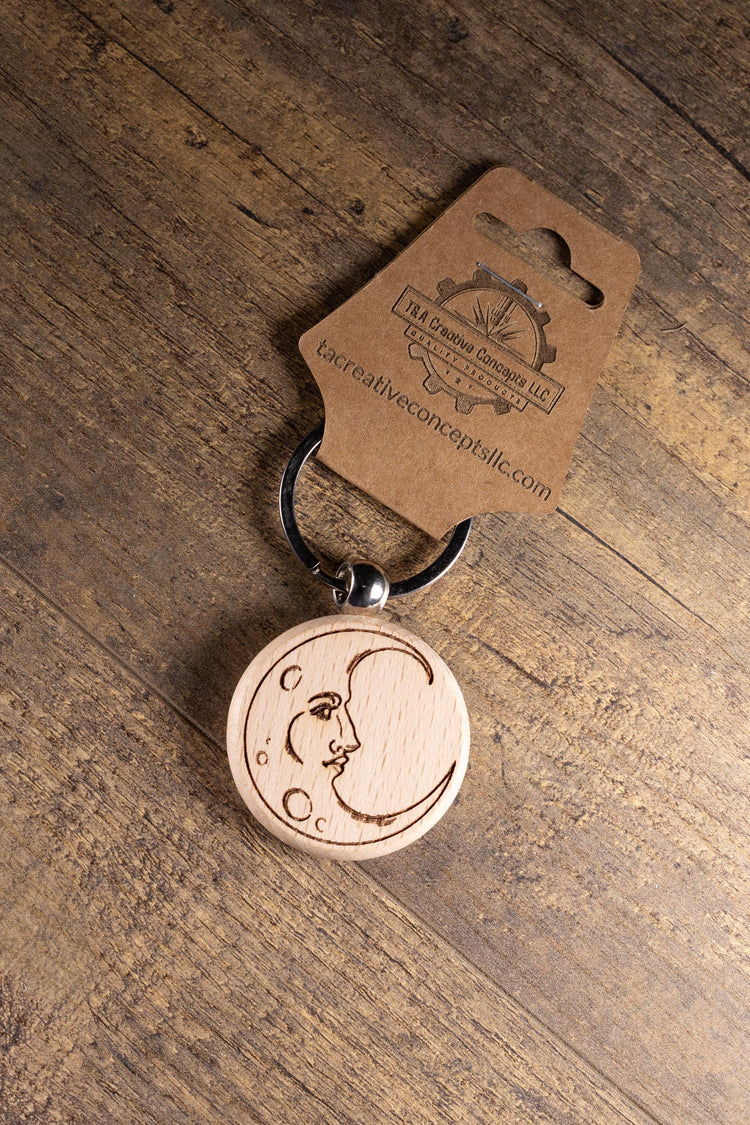 Wooden Moon Keychain – Laser Engraved Celestial Charm with Stainless Steel Hardware