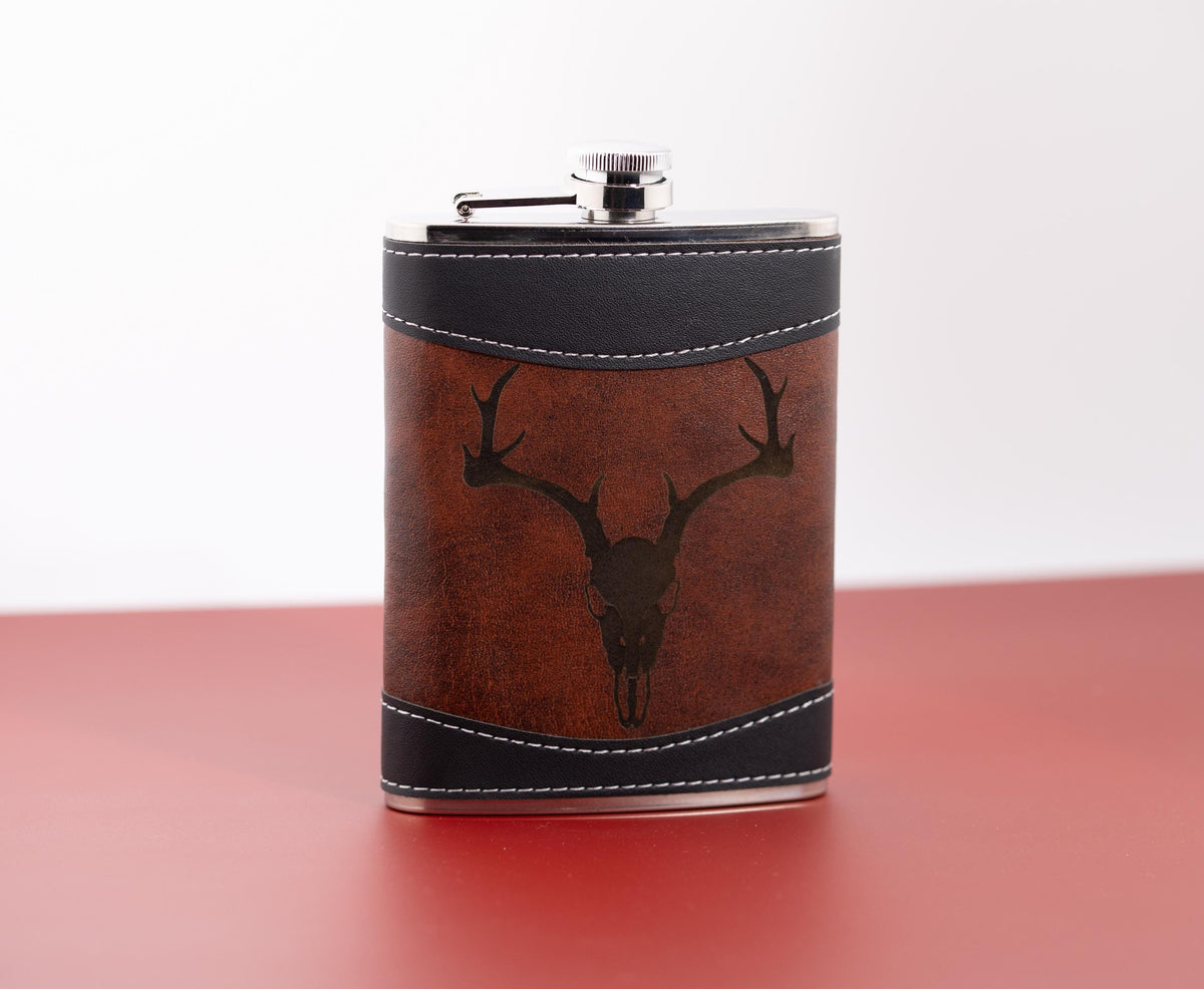 Leather Flask – 8oz Stainless Steel Travel Flask with Gothic Deer Skull Design