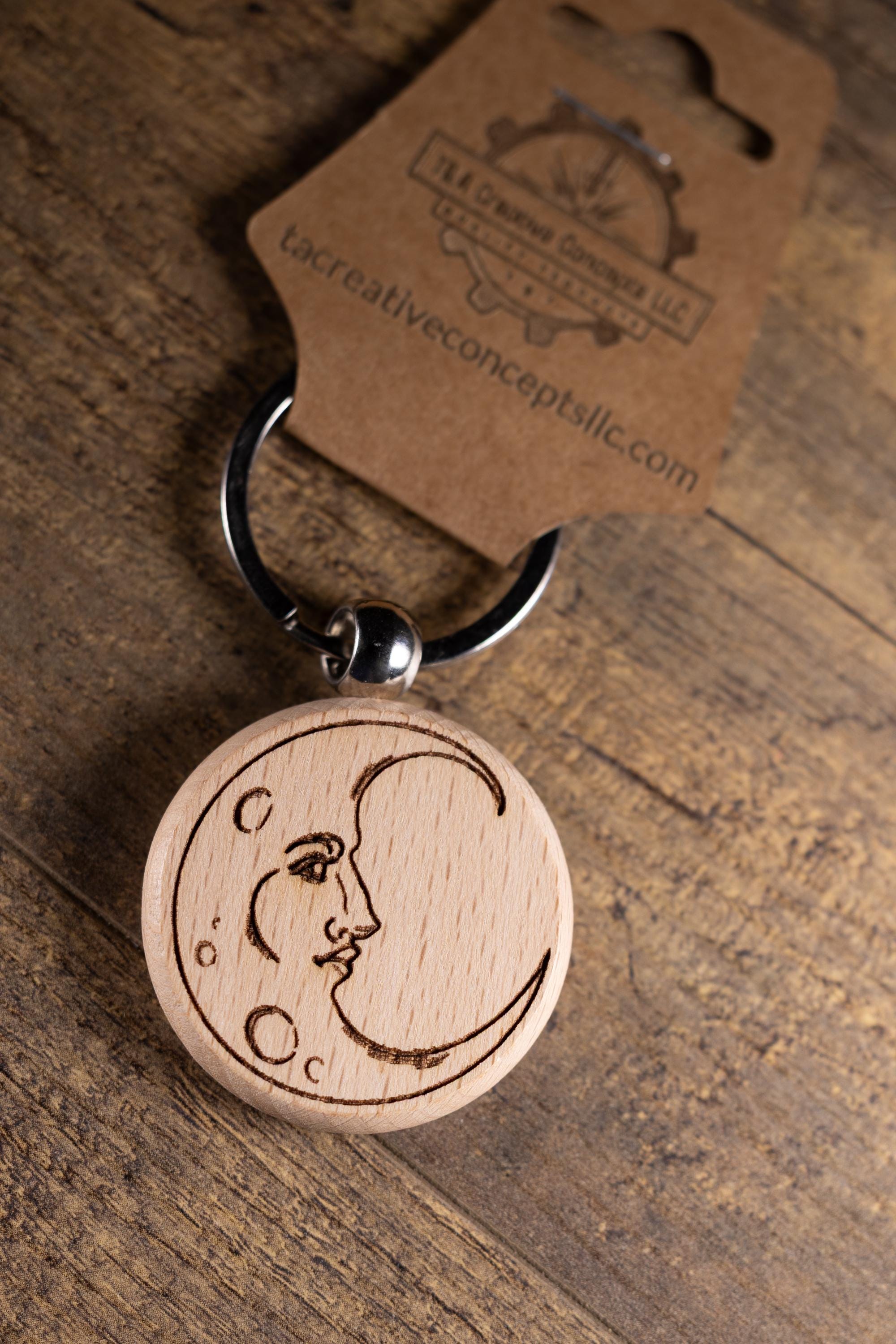 Wooden Moon Keychain – Laser Engraved Celestial Charm with Stainless Steel Hardware