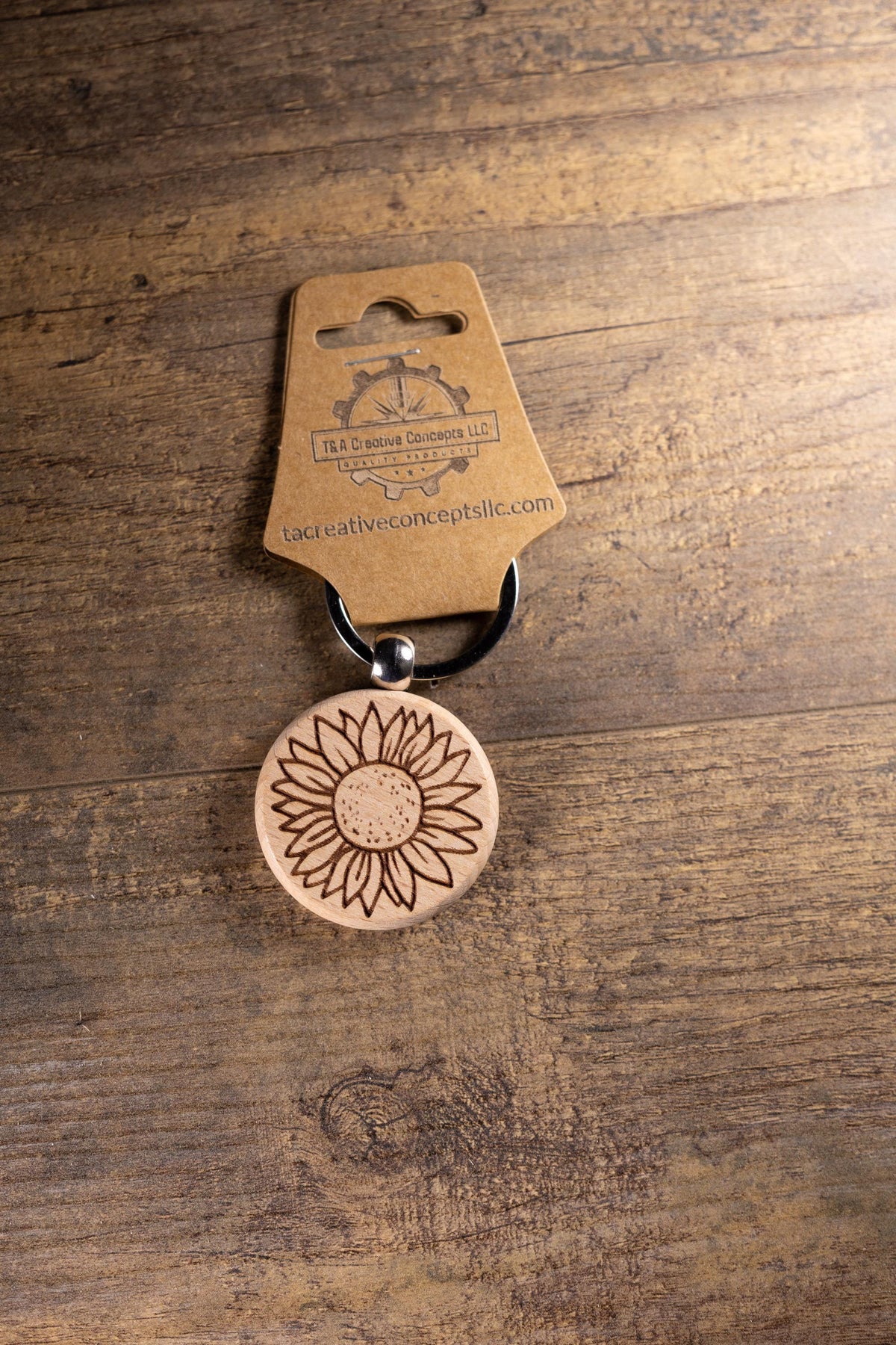 Sunflower Keychain – Laser Engraved Wood Hardwood Accessory with Stainless Steel Hardware