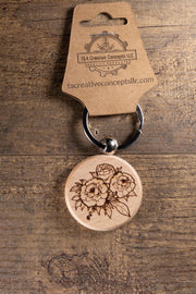Wood Keychain – Laser Engraved Peony Bouquet Floral Charm | Maple, Cherry, Walnut