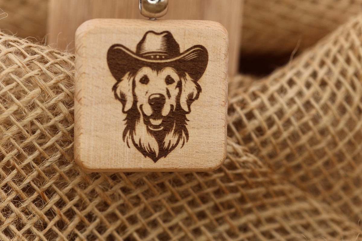 Golden Retriever Keychain – Laser Engraved Wood Cowboy Hat Charm, Durable Hardwood