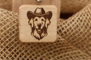 Golden Retriever Keychain – Laser Engraved Wood Cowboy Hat Charm, Durable Hardwood