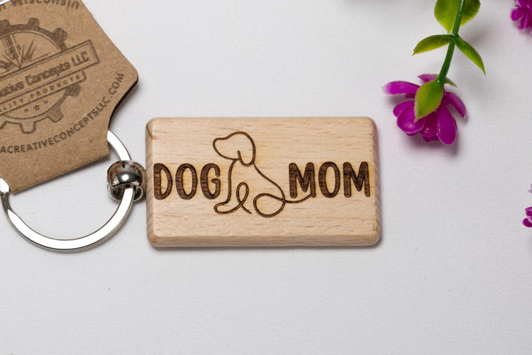 Dog Mom Keychain – Double Sided Engraved Wood Rustic Hardwood Gift Accessory