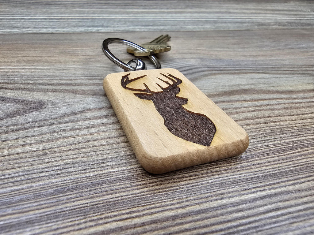 Buck Silhouette Keychain - Hardwood Laser Engraved Double Sided With Stainless Steel Ring
