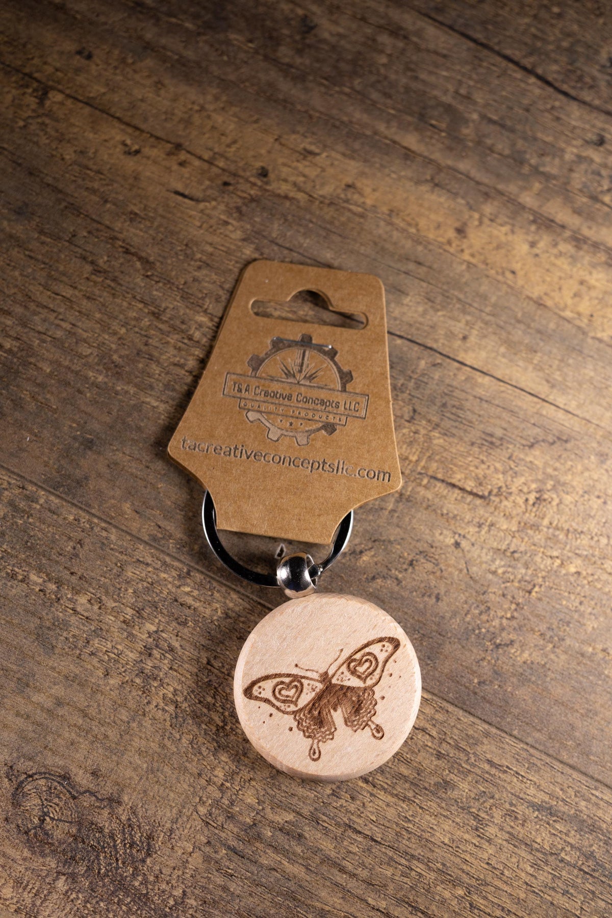 Laser Engraved Keychain - Solid Hardwood Butterfly Bag Charm with Stainless Steel Ring