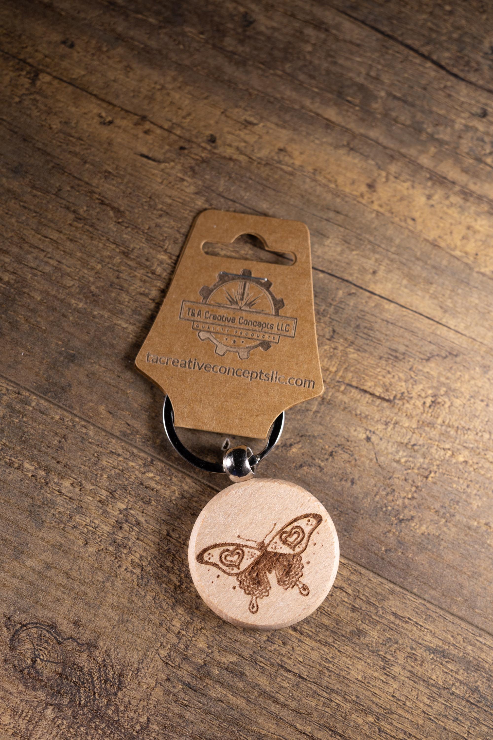 Laser Engraved Keychain - Solid Hardwood Butterfly Bag Charm with Stainless Steel Ring