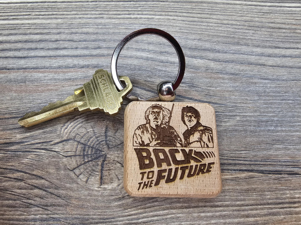 Back to the Future Keychain – Double Sided Hardwood Laser Engraved Charm with Stainless Steel Ring