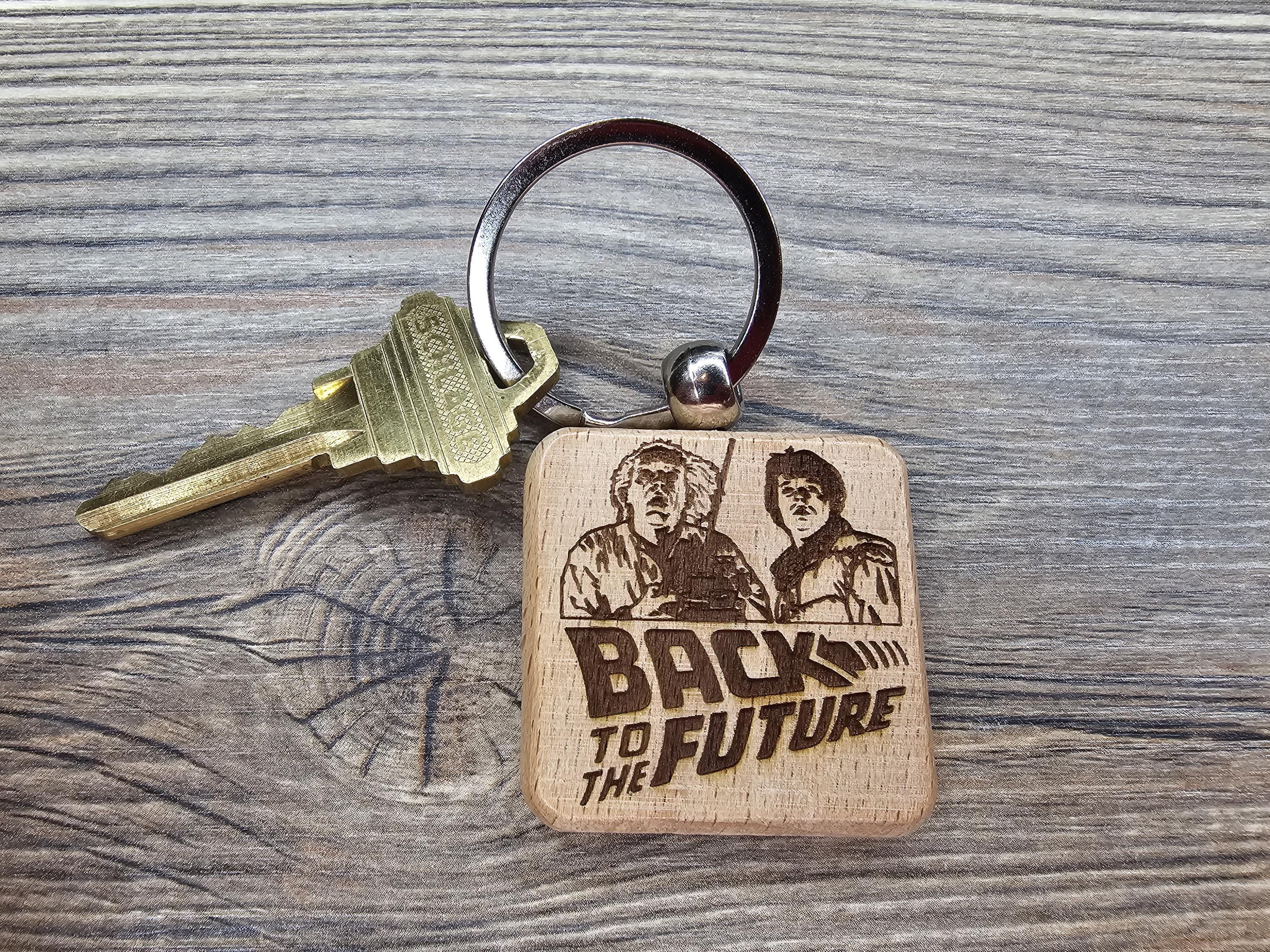 Back to the Future Keychain – Double Sided Hardwood Laser Engraved Charm with Stainless Steel Ring