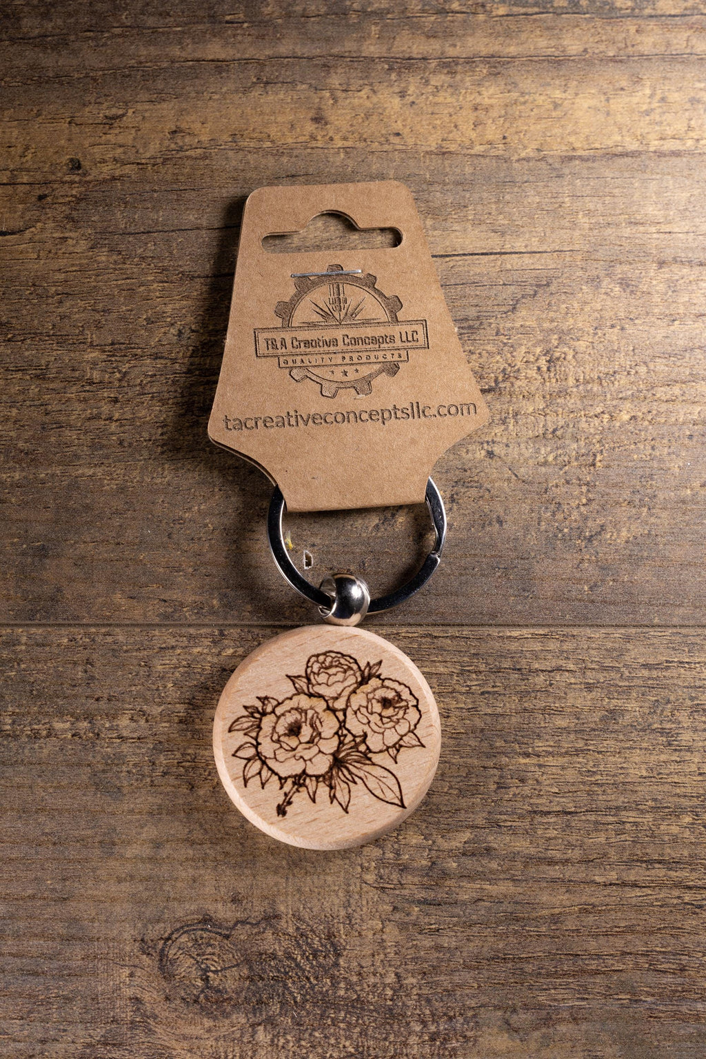 Wood Keychain – Laser Engraved Peony Bouquet Floral Charm | Maple, Cherry, Walnut